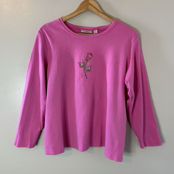 The Quacker Factory Pink Rose Shirt Sequins Embellished Top Long Sleeve … - Picture 1 of 7